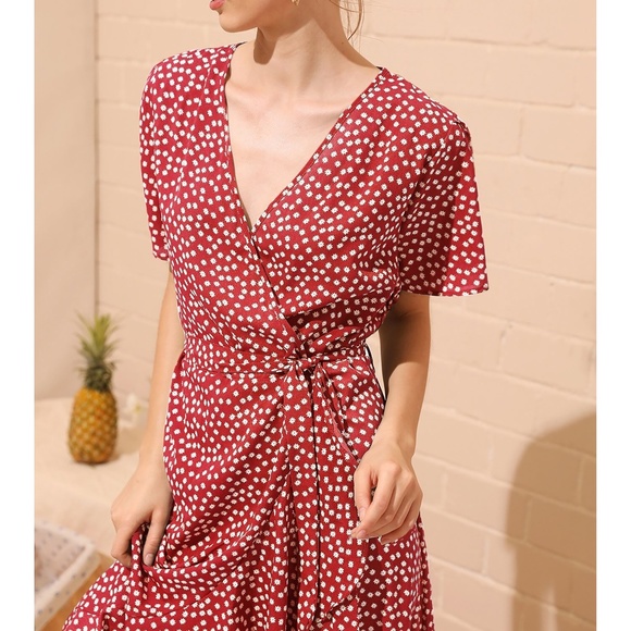 Red Ditsy Floral Summer Ruffle Wrap Maxi Dress - Picture 4 of 6